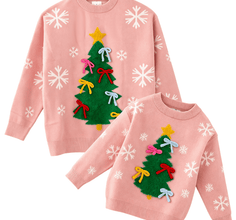 Matching mom and daughter pink Christmas tree bow sweaters