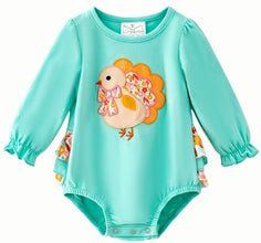 Aqua long-sleeve infant bubble romper with floral turkey appliqué, bow and ruffled cuffs