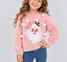 model wearing pink fuzzy vintage santa christmas sweater