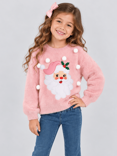 model wearing pink fuzzy vintage santa christmas sweater
