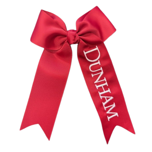 Red bow with 'DUNHAM' text on a white background