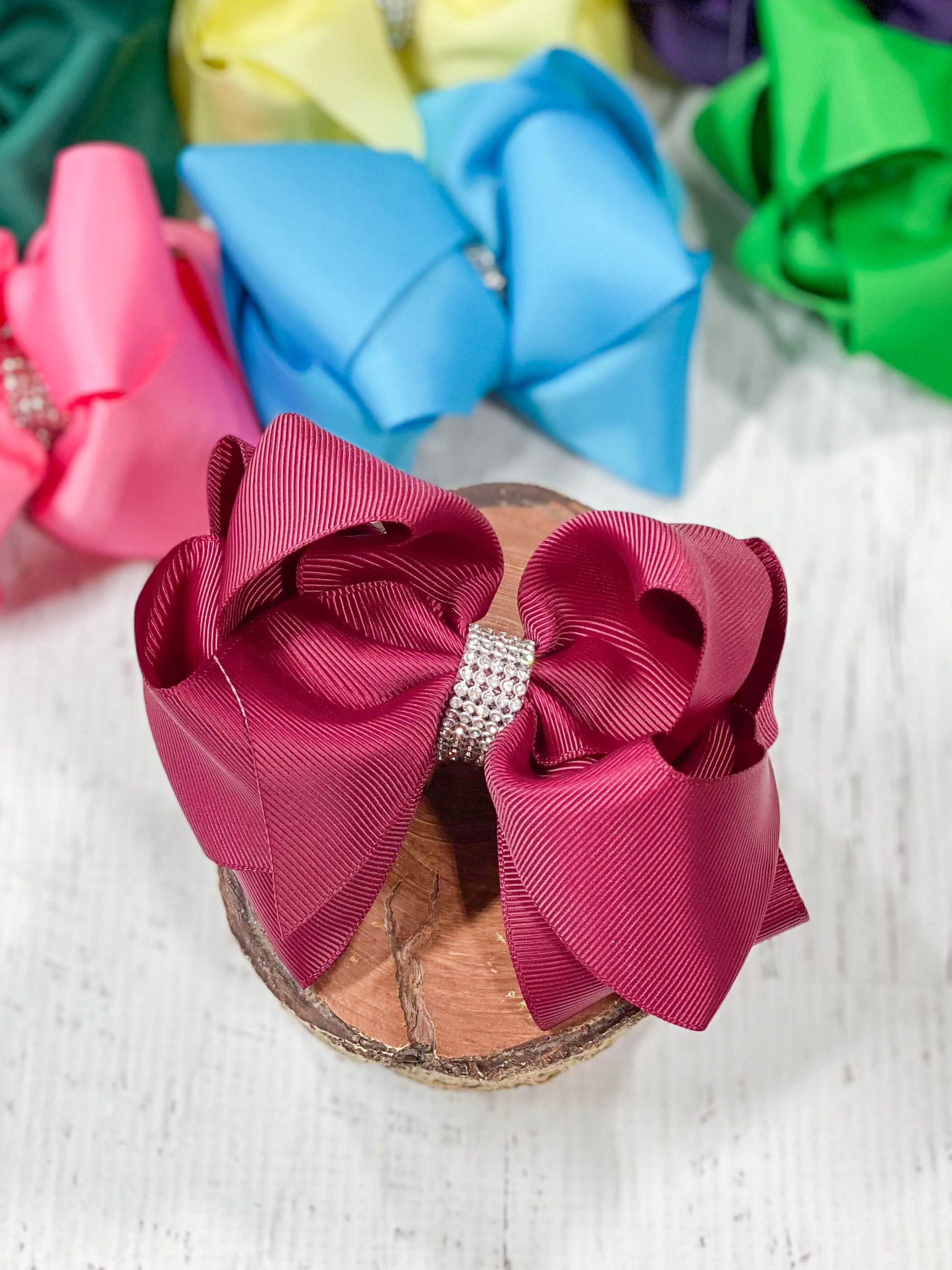 Maroon Oversized Rhinestone Center Knot Hair Bow