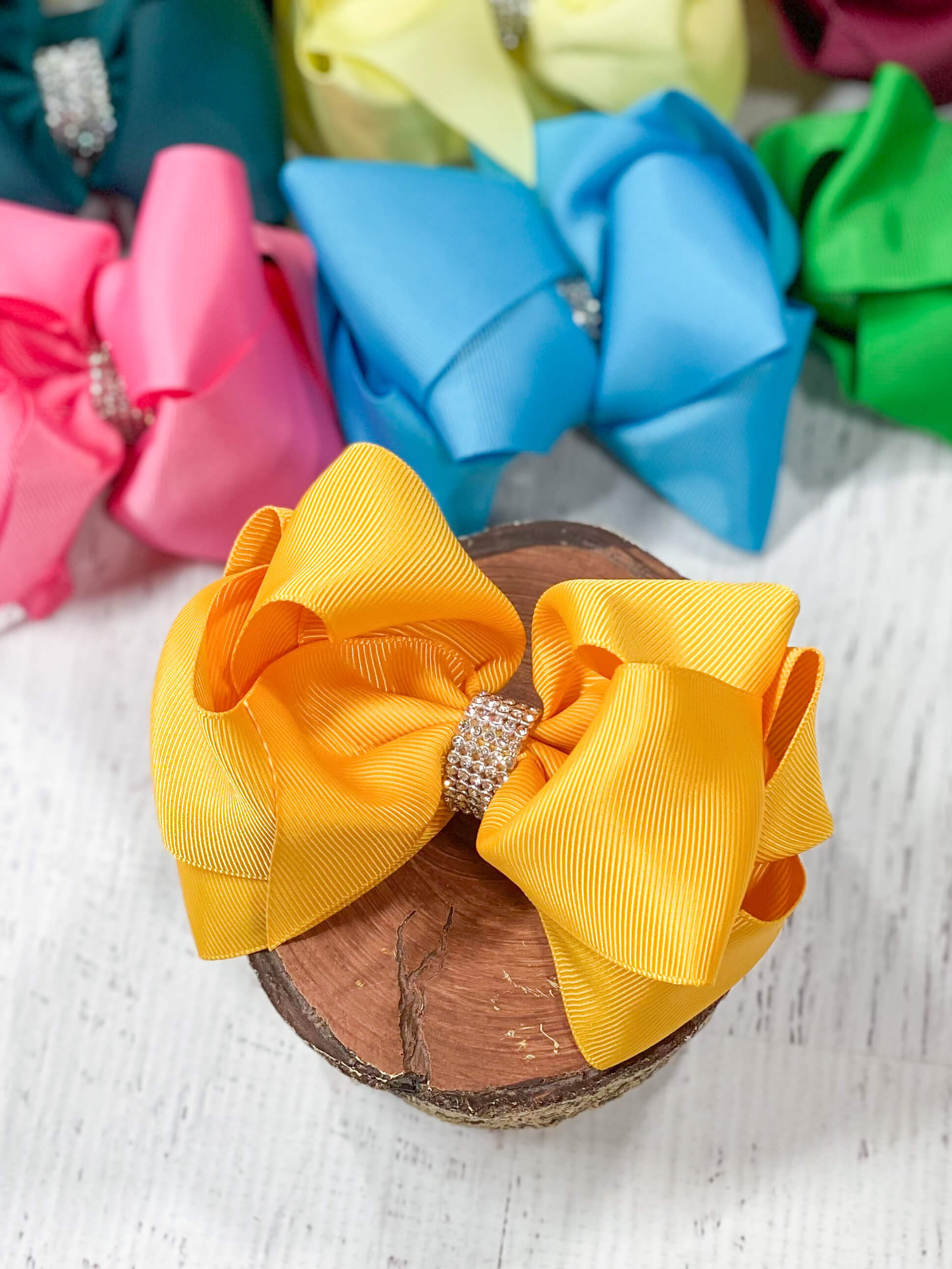 Mustard Oversized Rhinestone Center Knot Hair Bow