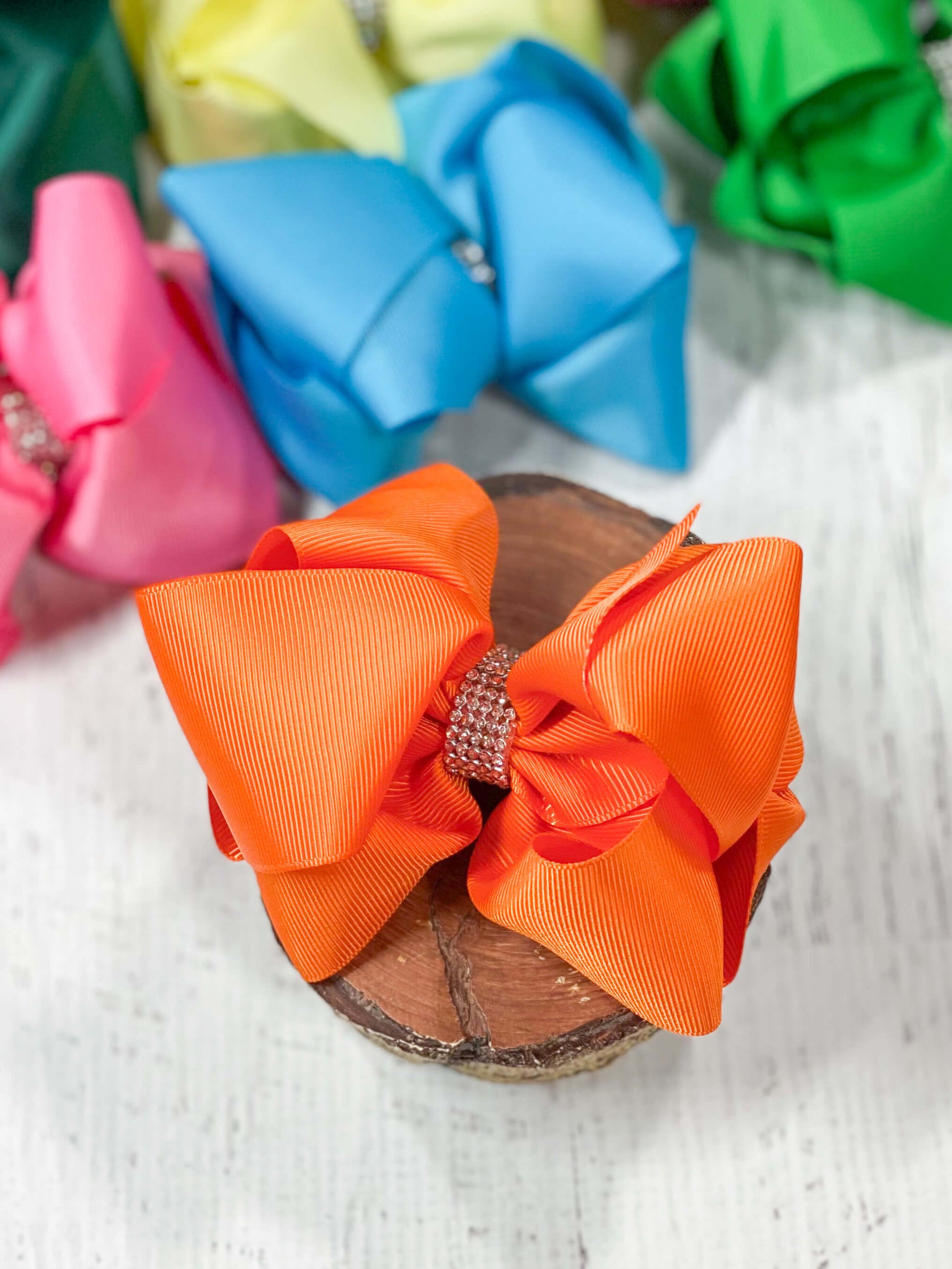Orange Oversized Rhinestone Center Knot Hair Bow
