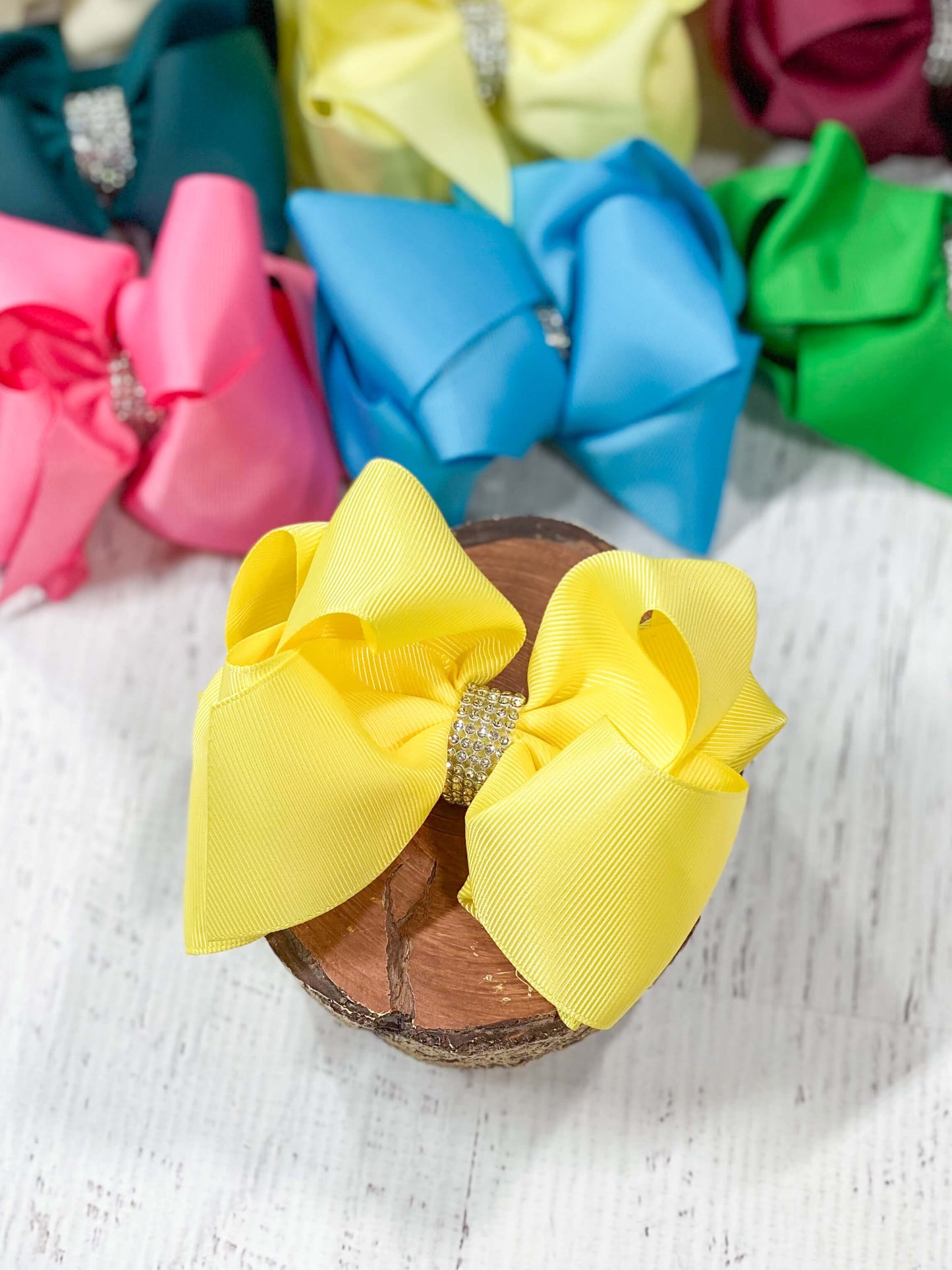 Lemon Yellow Oversized Rhinestone Center Knot Hair Bow
