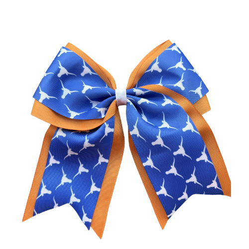 Blue and orange hair bow with white patterns on a white background