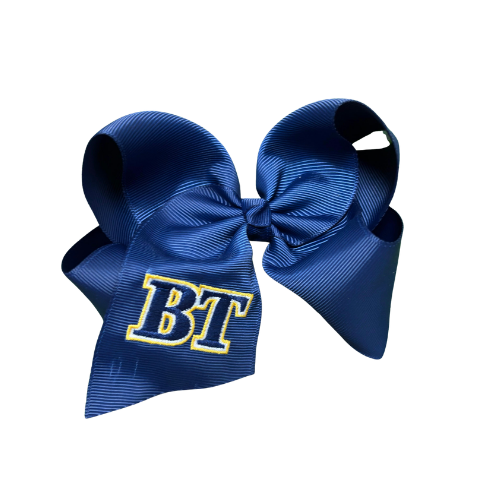 Blue hair bow with 'BT' in yellow on a white background