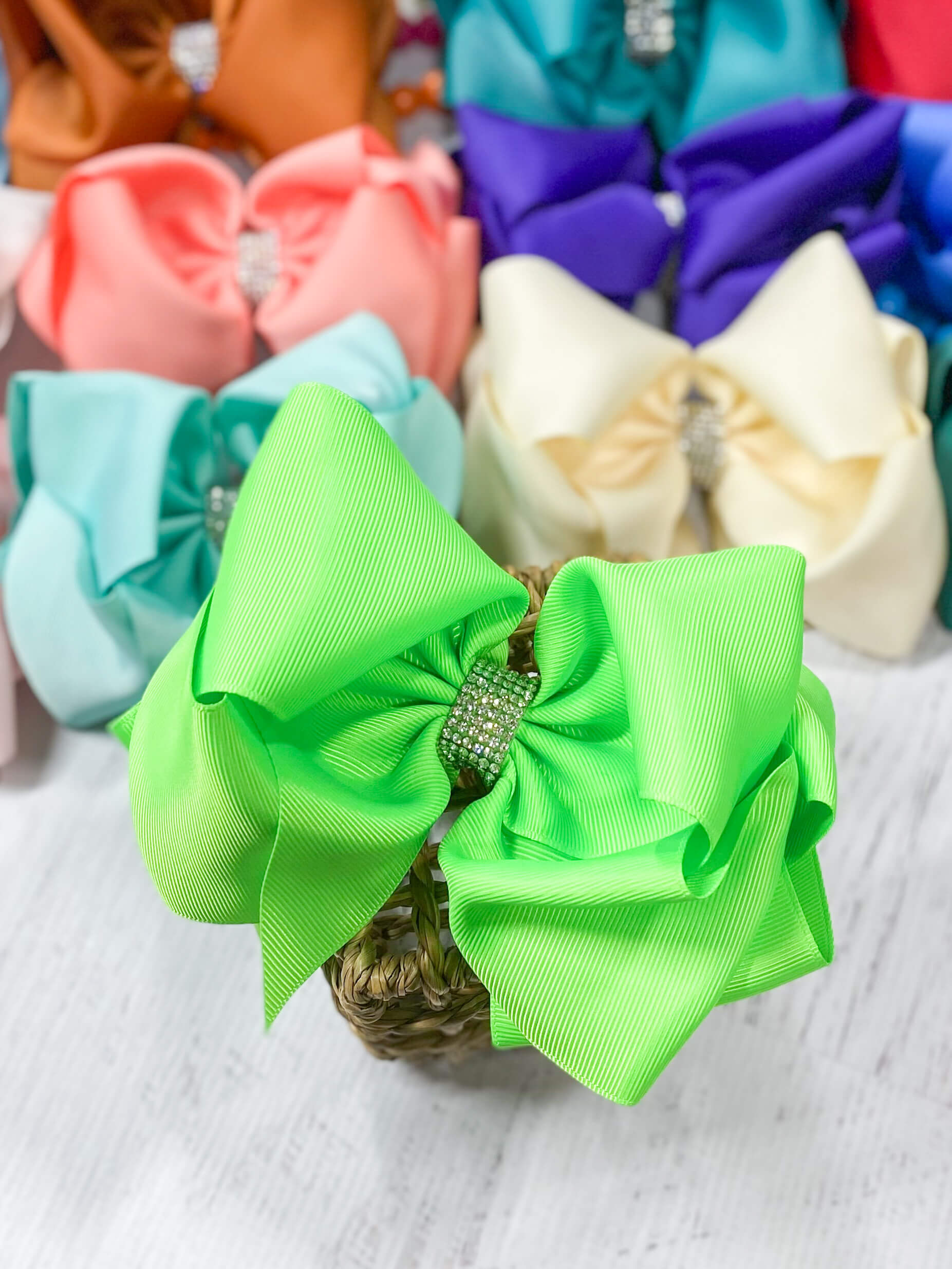 Lime Green Texas Size Rhinestone Center Knot Hair Bow
