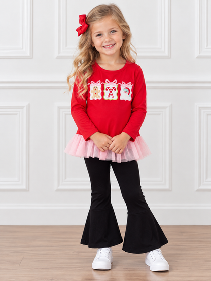 Girls red Christmas top with holiday appliqués and black bell bottoms