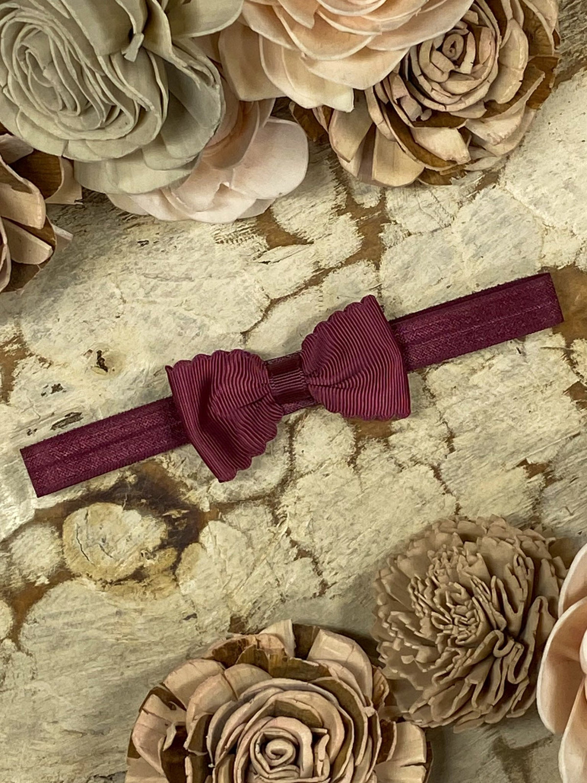 2.5 inch maroon bitty scalloped bow headband