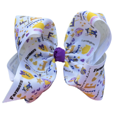 Large decorative bow with 'Farmington' branding on a white background
