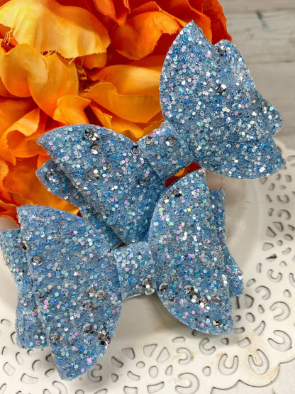 Set of 2 light blue 3 inch glitter hair bows