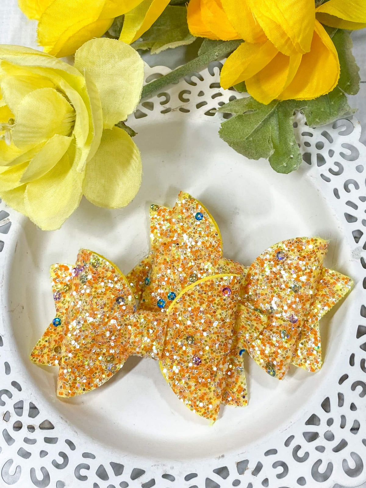Set of 2 yellow 3 inch glitter hair bows