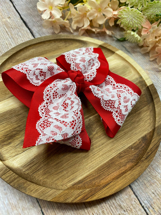 4.5 inch red with white Chantilly lace two-tone hair bow - Alternative view