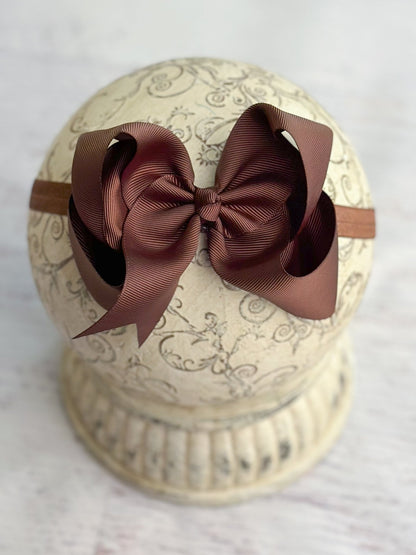4.5 inch chocolate grosgrain hair bow on satin headband