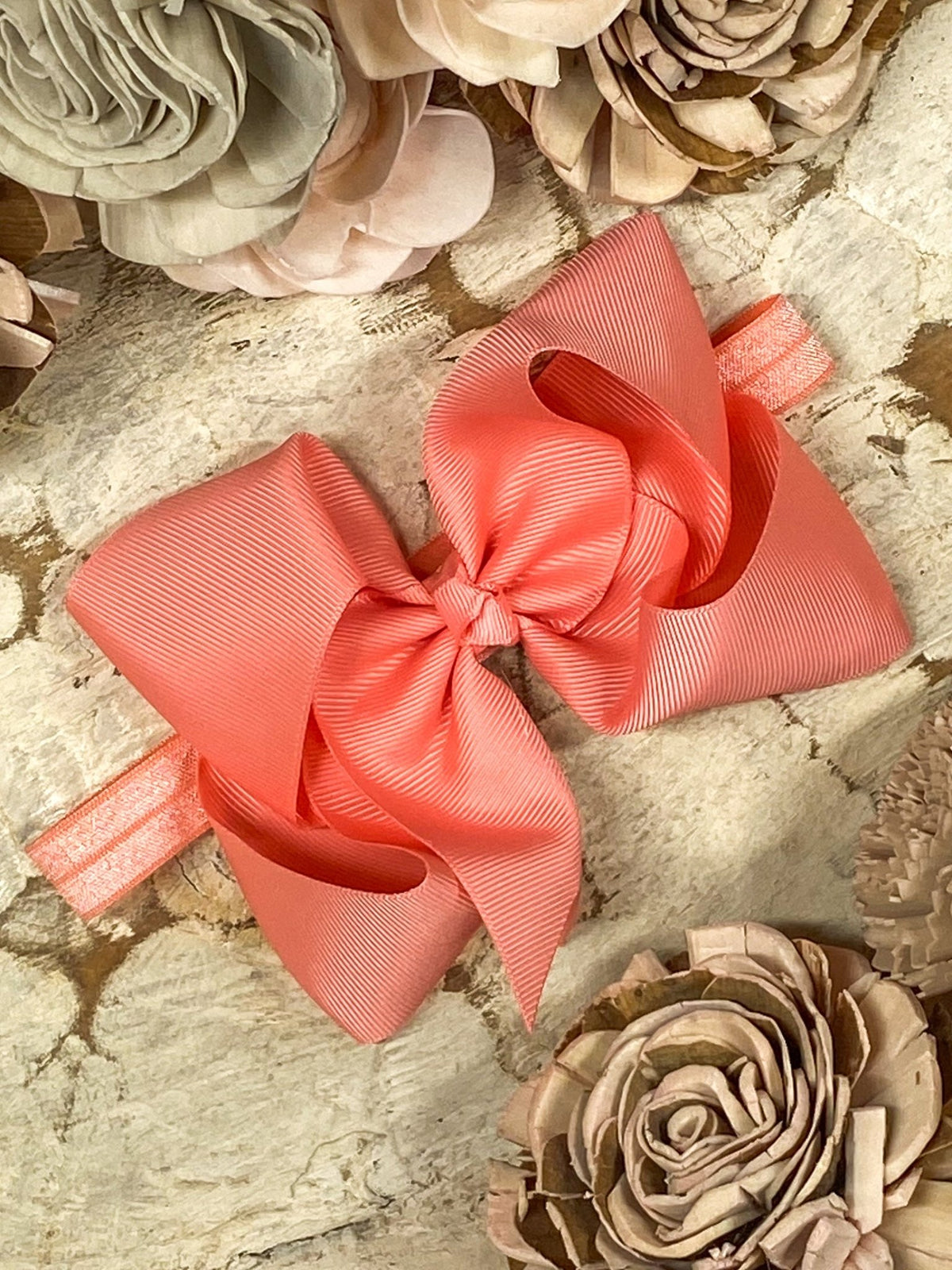 4.5 inch coral grosgrain hair bow on satin headband