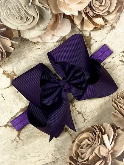 4.5 inch eggplant grosgrain hair bow on satin headband