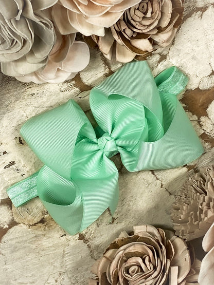 4.5 inch mint grosgrain hair bow on satin headband