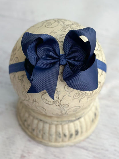 4.5 inch navy grosgrain hair bow on satin headband