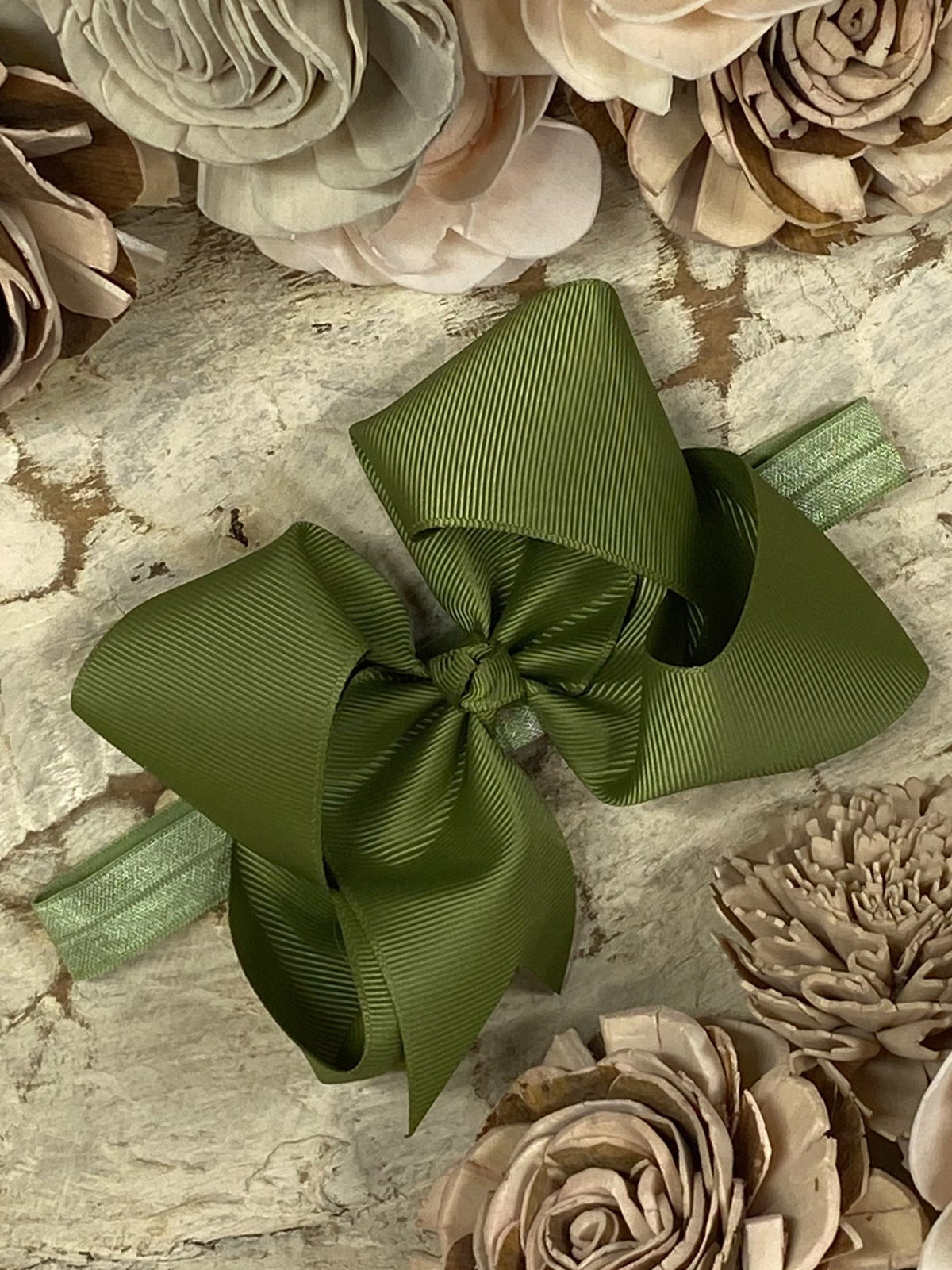 4.5 inch olive grosgrain hair bow on satin headband