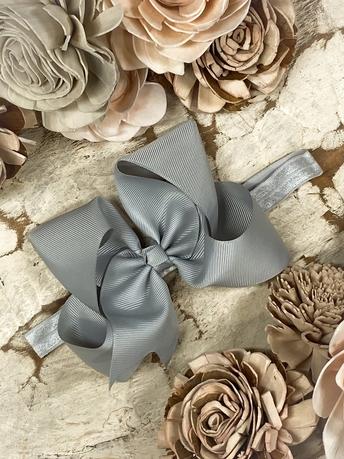 4.5 inch silver grosgrain hair bow on satin headband