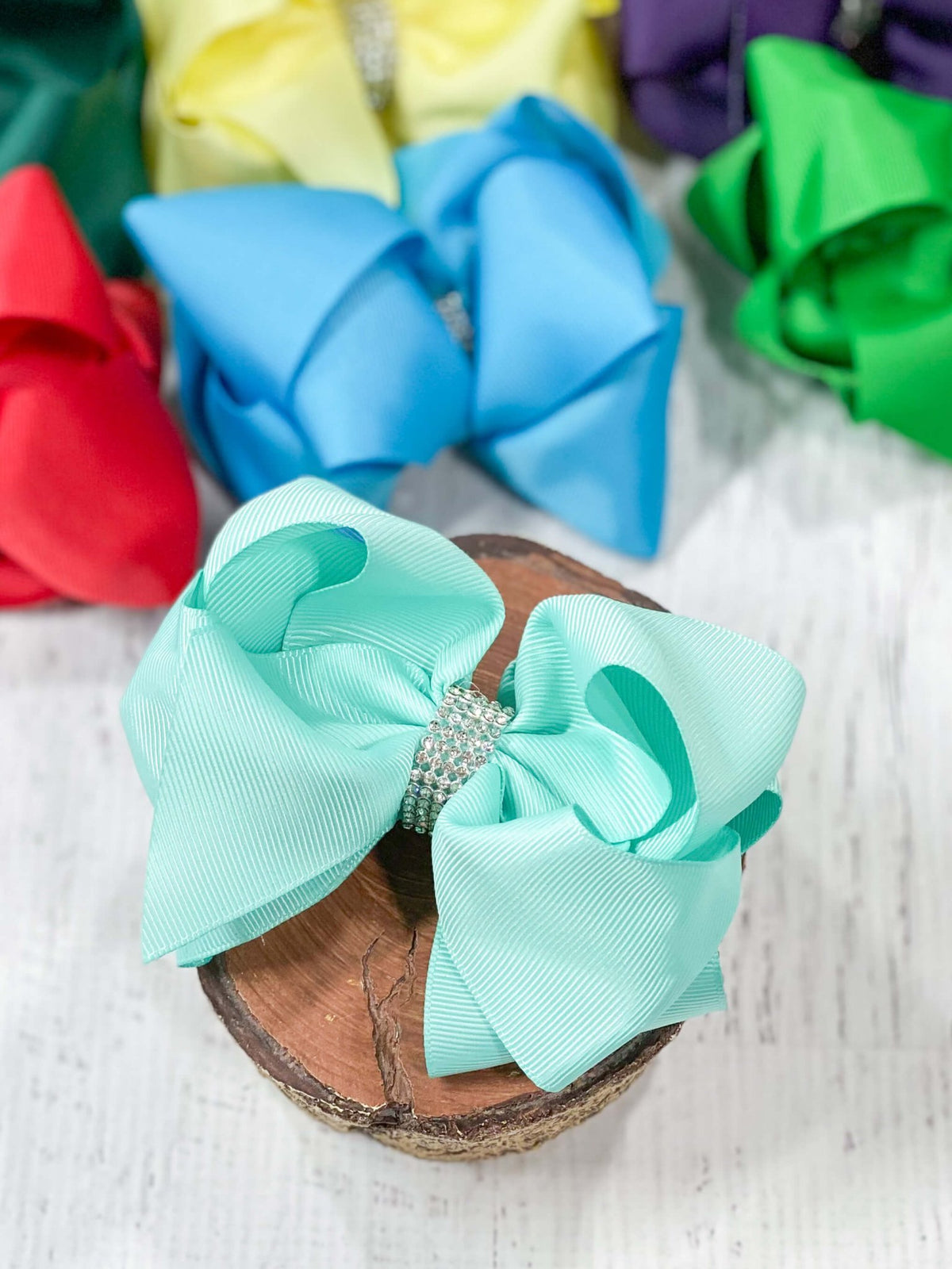 4.5 inch aqua classic rhinestone center hair bow