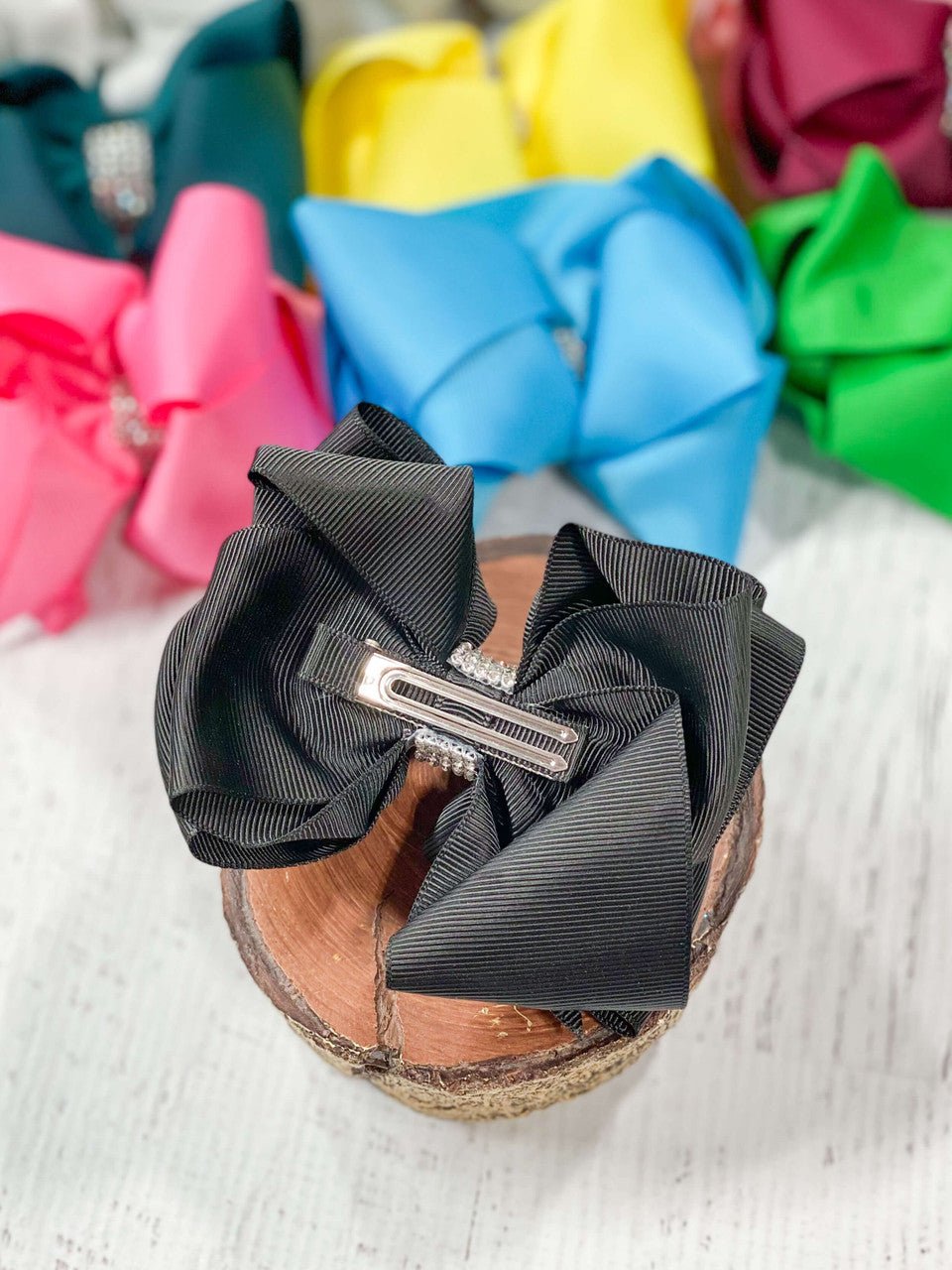 Back of a 4.5 inch classic rhinestone center hair bow