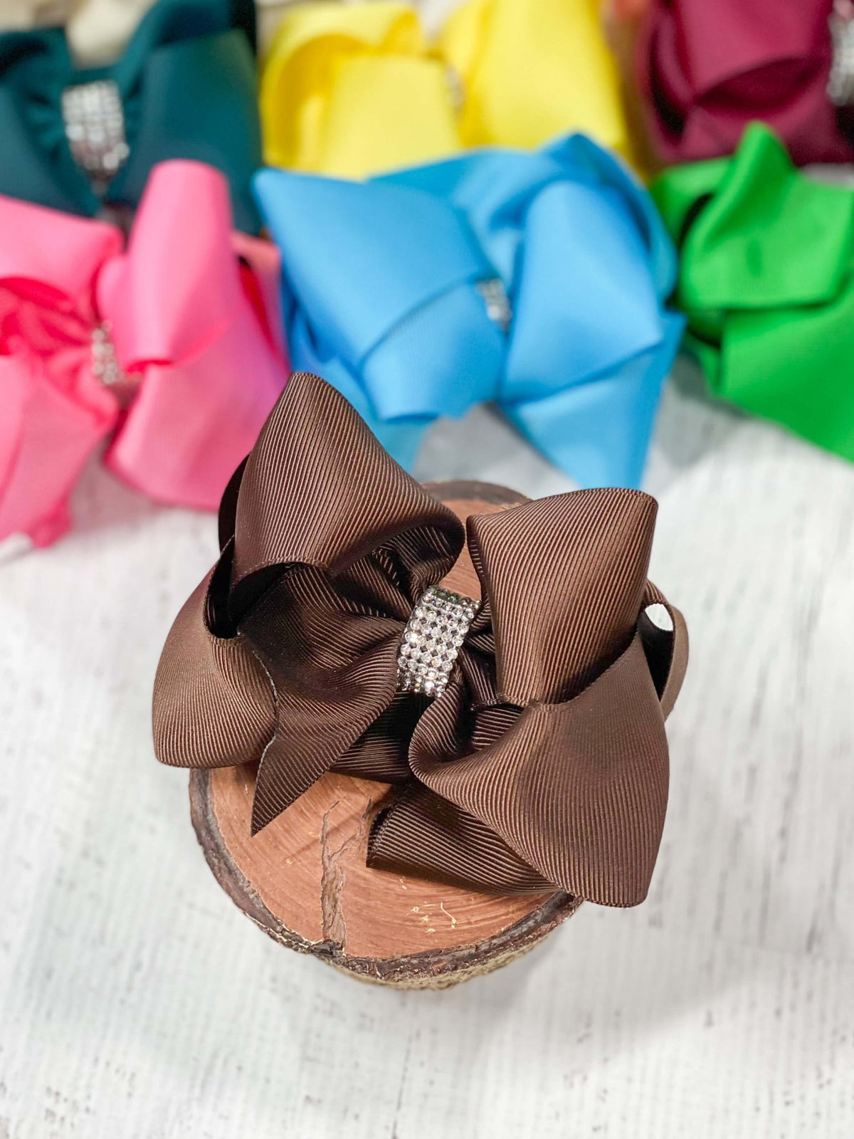 4.5 inch chocolate classic rhinestone center hair bow