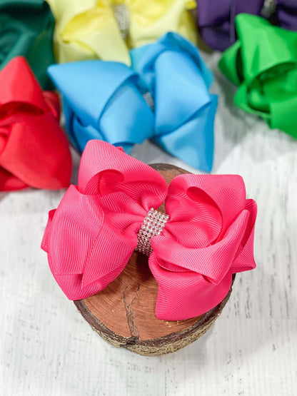 4.5 inch hot pink classic rhinestone center hair bow