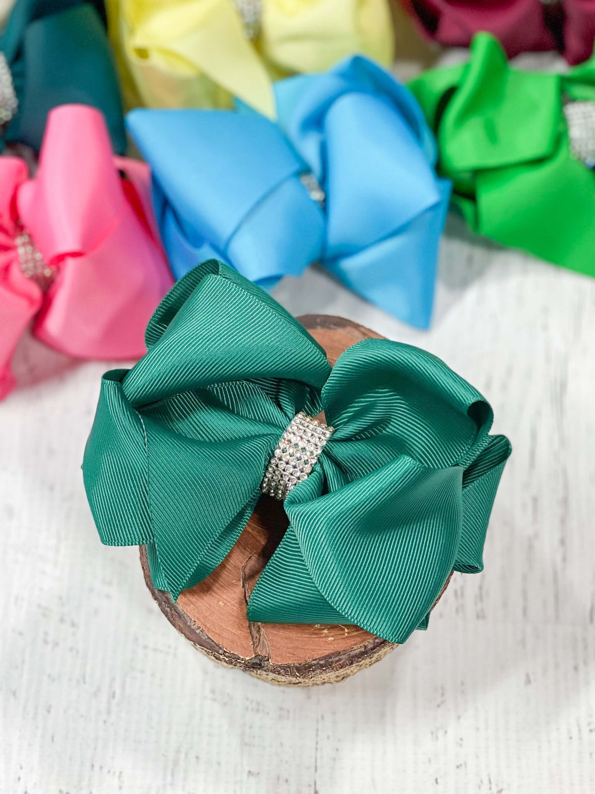 4.5 inch hunter green classic rhinestone center hair bow