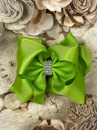 4.5 inch lime green classic rhinestone center hair bow