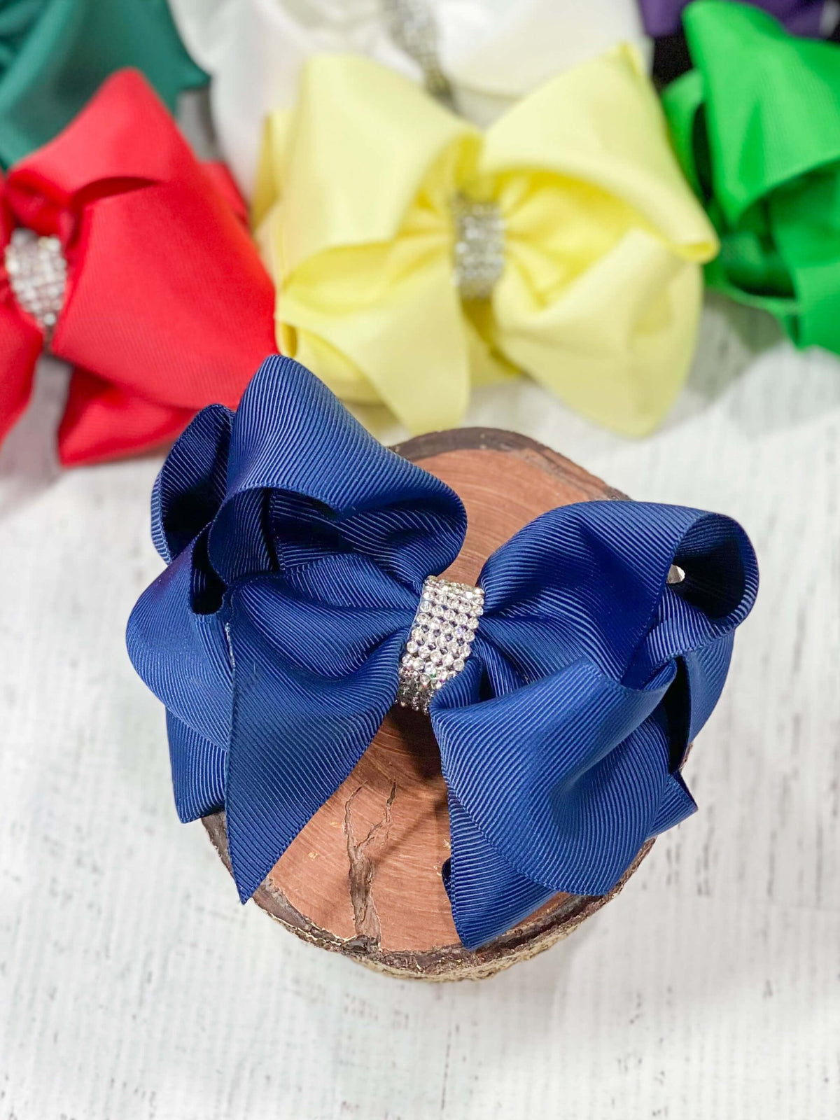 4.5 inch navy classic rhinestone center hair bow