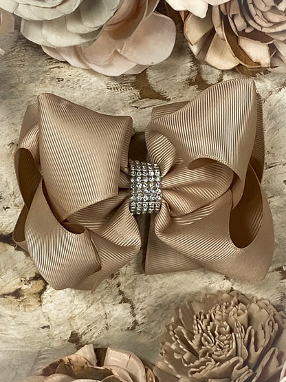 4.5 inch oatmeal classic rhinestone center hair bow