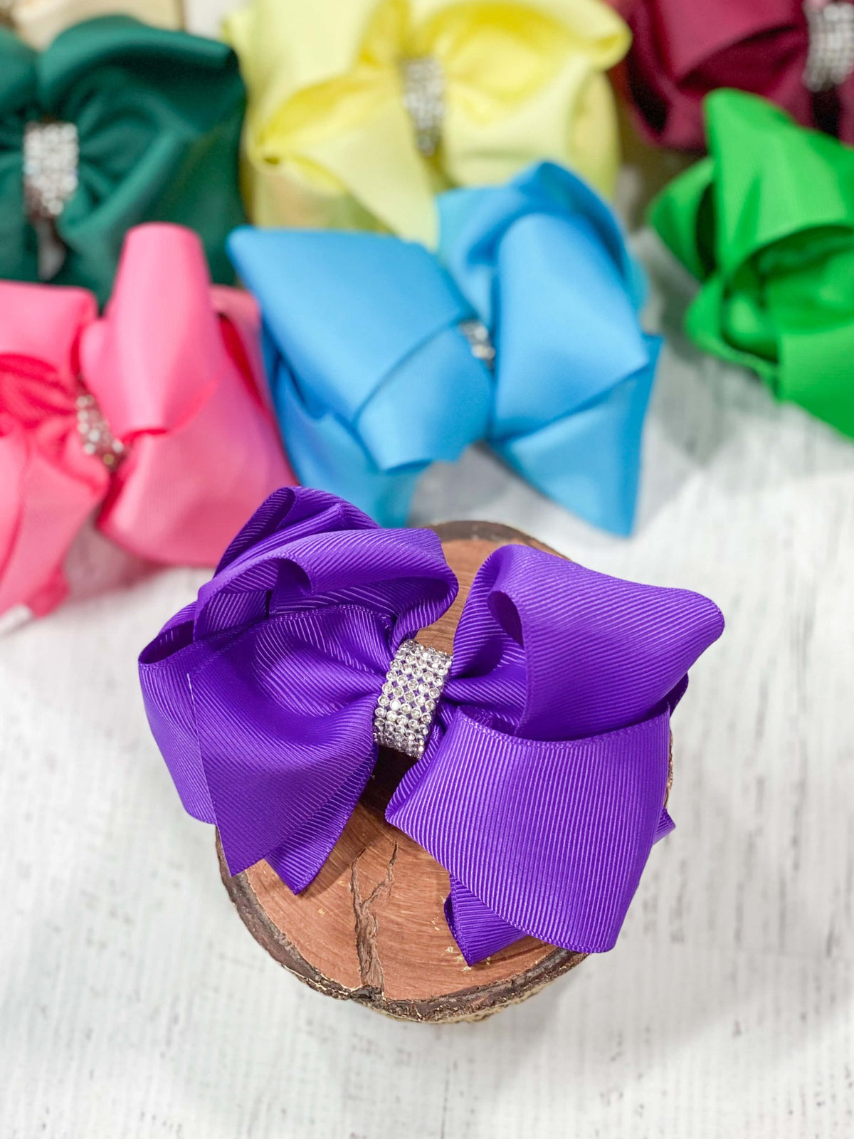 4.5 inch purple classic rhinestone center hair bow
