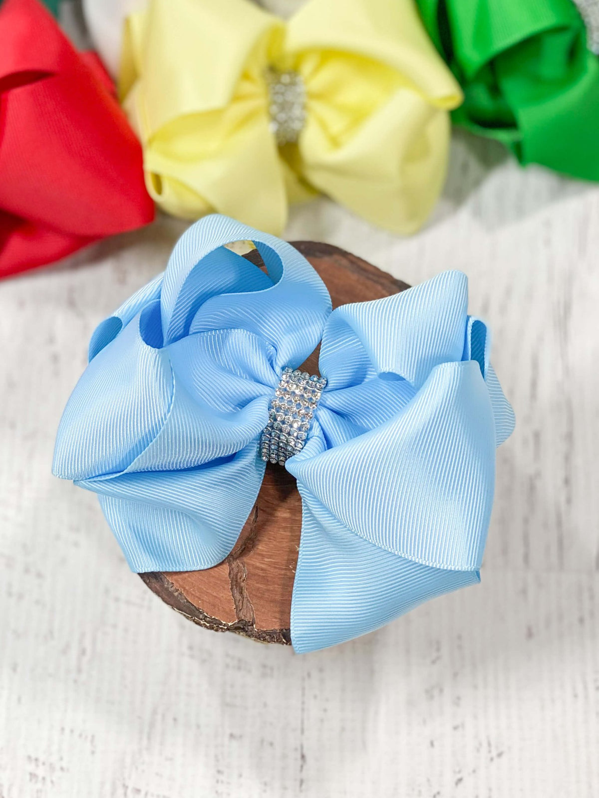 4.5 inch sky blue classic rhinestone center hair bow