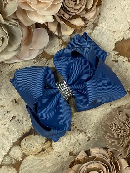 4.5 inch smoke blue classic rhinestone center hair bow