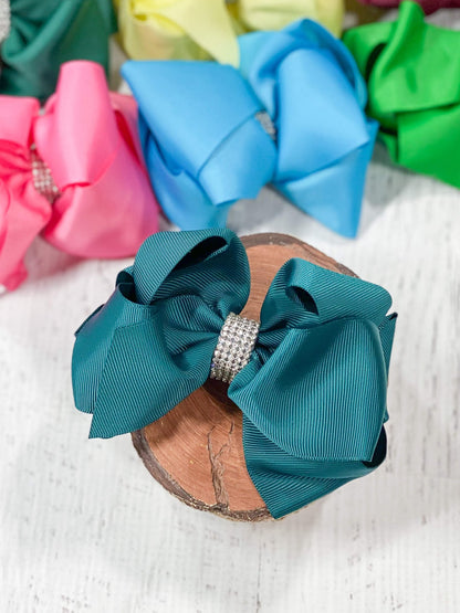 4.5 inch teal classic rhinestone center hair bow