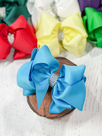 4.5 inch turquoise classic rhinestone center hair bow