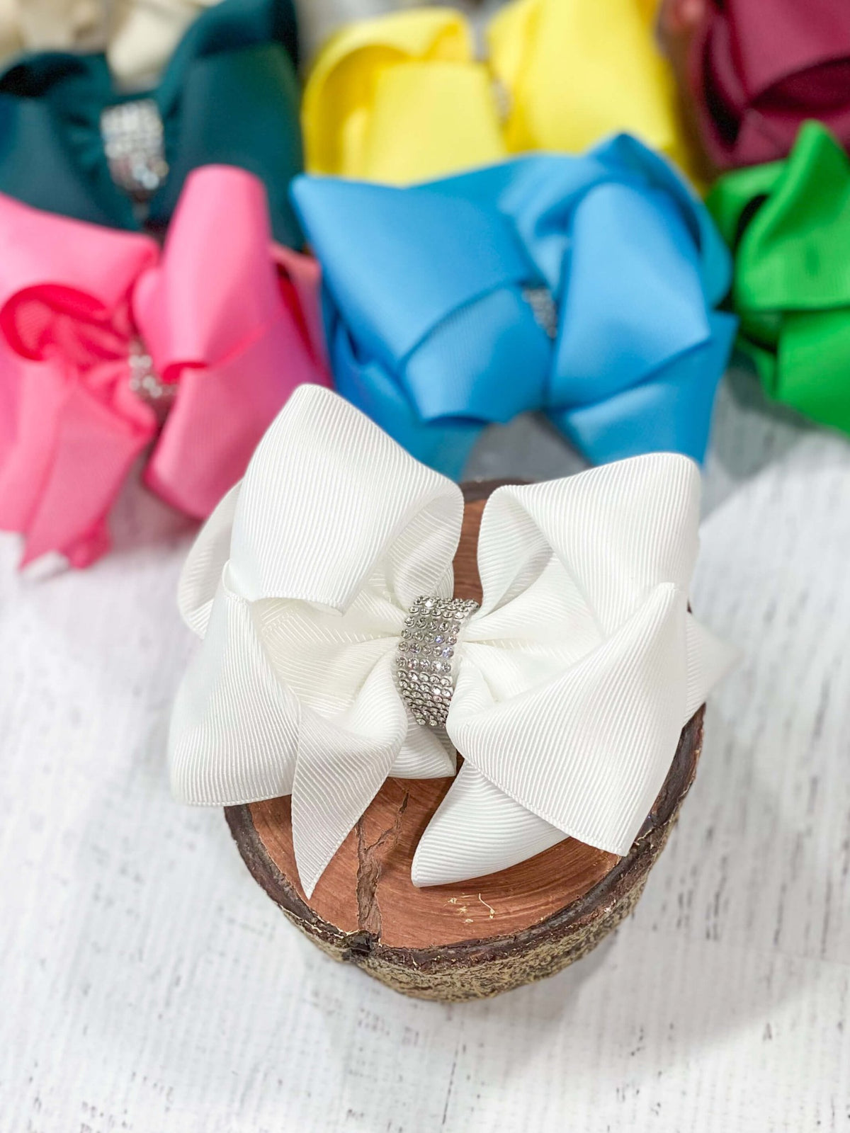 4.5 inch white classic rhinestone center hair bow