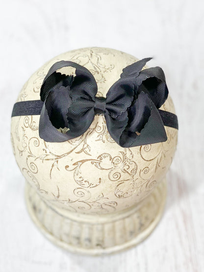 4.5 inch black classic scalloped hair bow on satin headband