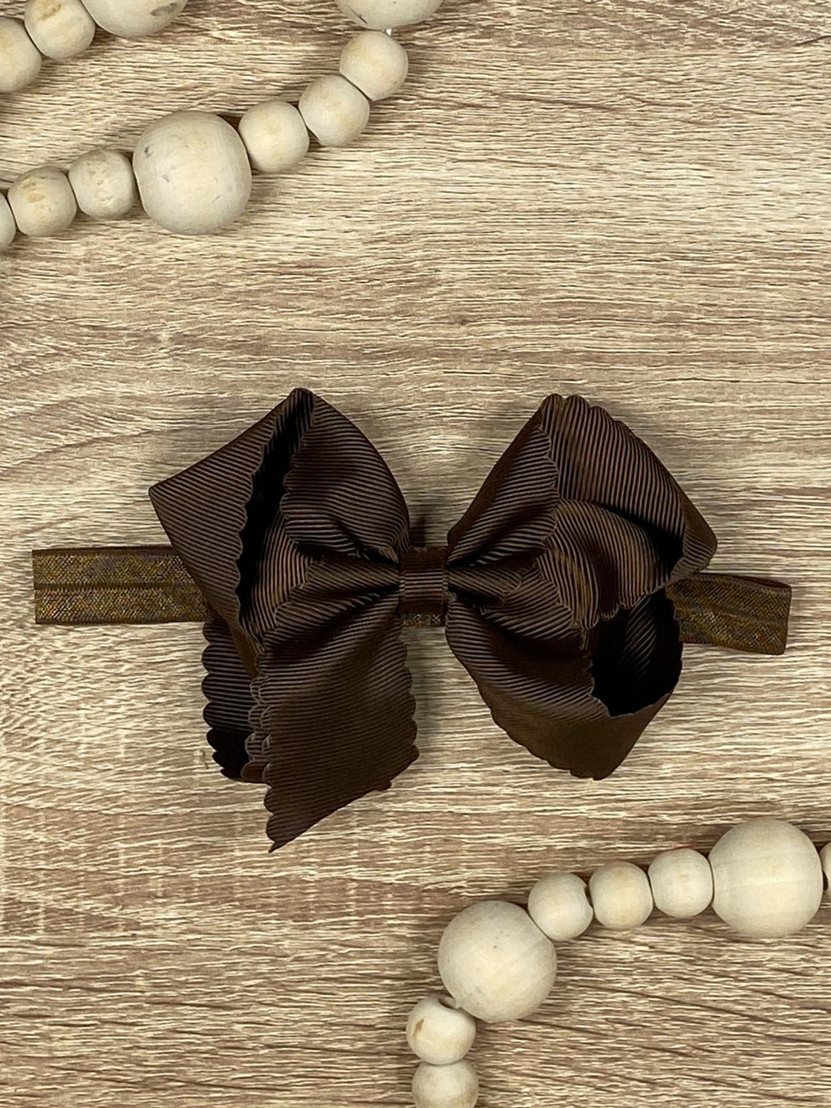 4.5 inch chocolate classic scalloped hair bow on satin headband