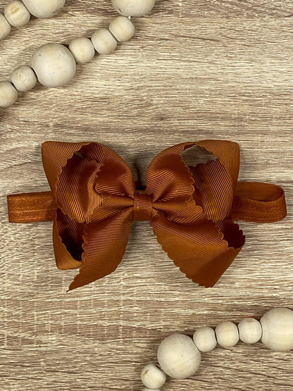 4.5 inch copper classic scalloped hair bow on satin headband