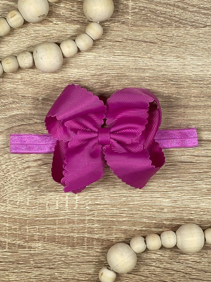 4.5 inch fuchsia classic scalloped hair bow on satin headband