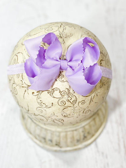 4.5 inch lavender classic scalloped hair bow on satin headband