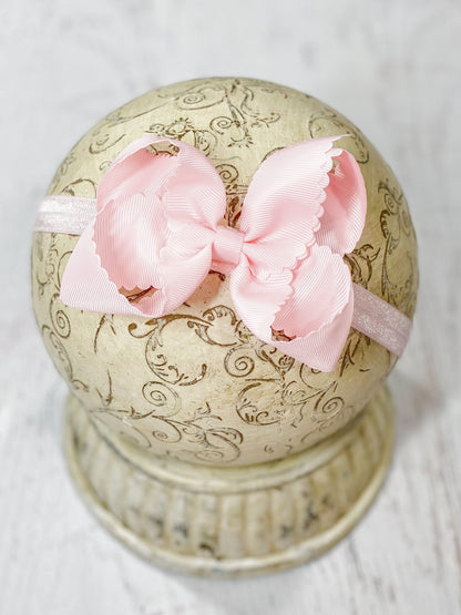 4.5 inch light pink classic scalloped hair bow on satin headband