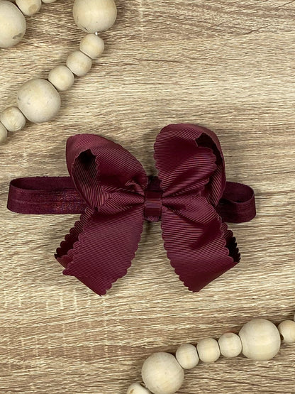 4.5 inch maroon classic scalloped hair bow on satin headband