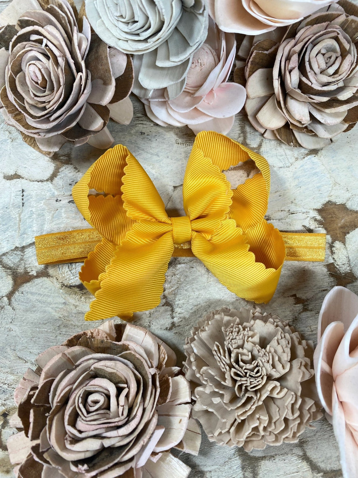 4.5 inch mustard classic scalloped hair bow on satin headband