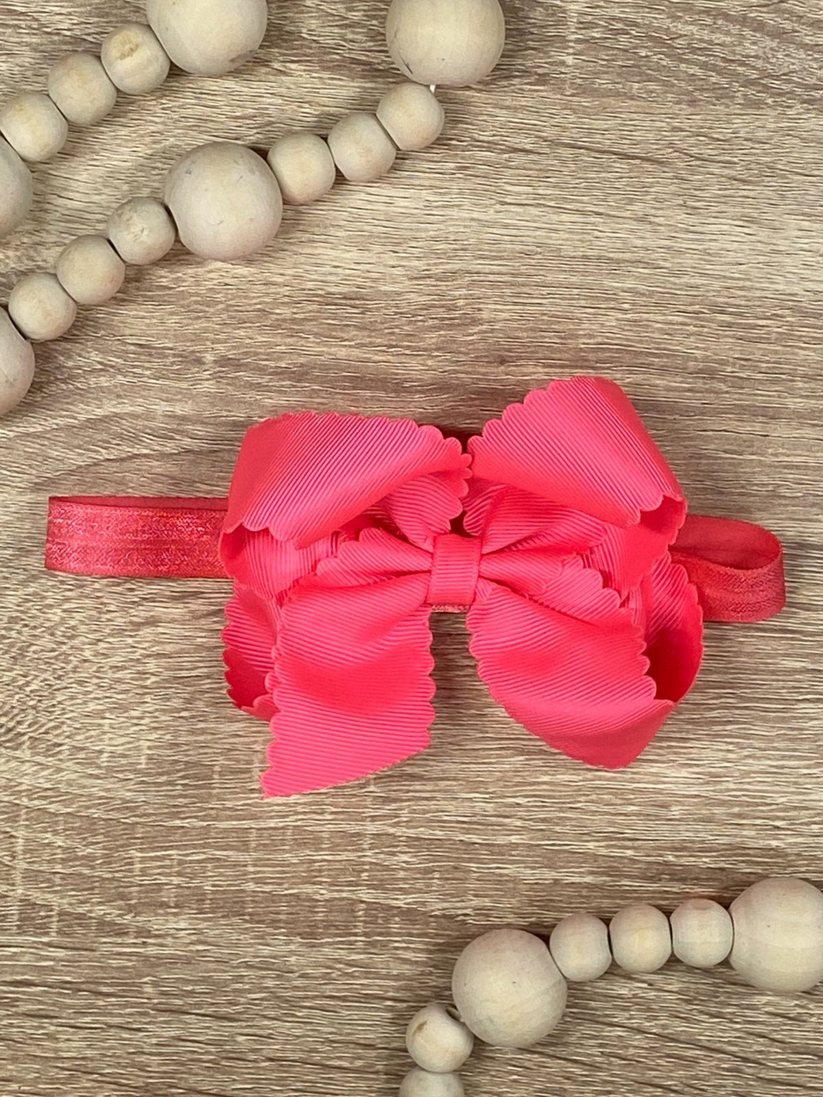 4.5 inch neon pink classic scalloped hair bow on satin headband