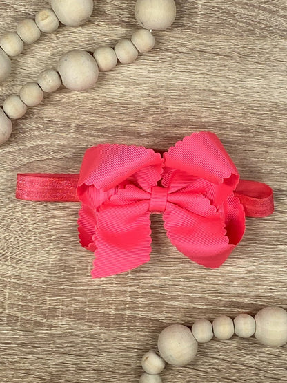 4.5 inch neon pink classic scalloped hair bow on satin headband