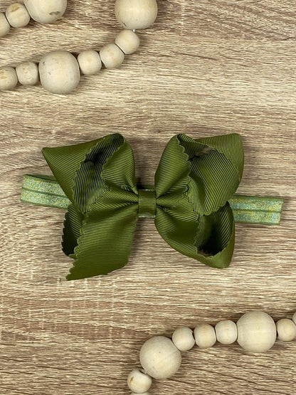 4.5 inch olive classic scalloped hair bow on satin headband